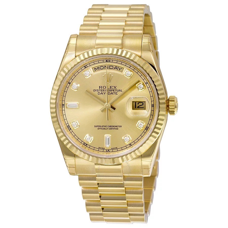 Yellow gold Rolex Day-Date 118238 President, champagne diamond dial, full President bracelet, face-on