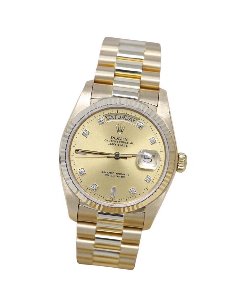Yellow gold Rolex Day-Date President with champagne diamond dial and English day display, full watch with complete President bracelet