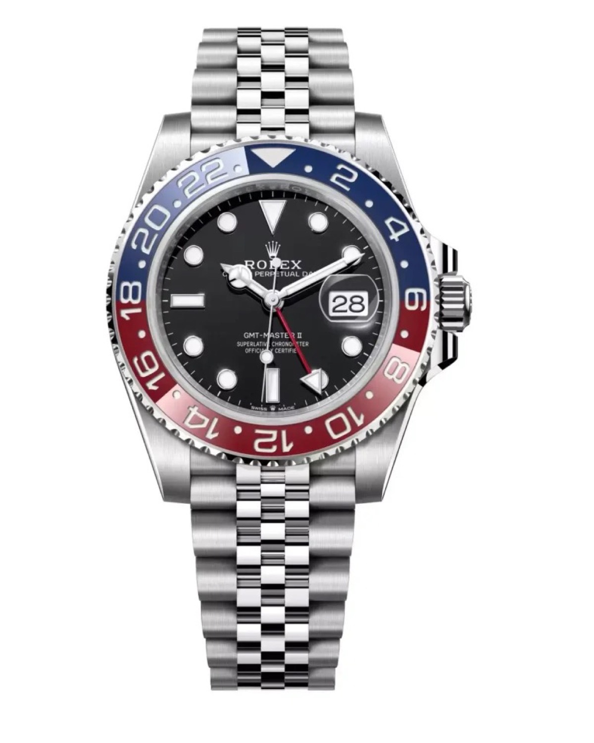 Rolex GMT-Master II with Pepsi bezel and Jubilee bracelet, full watch face-on