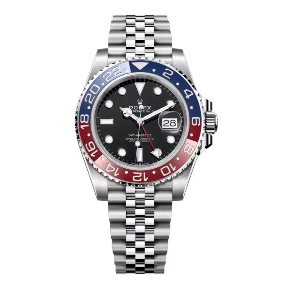 Rolex GMT-Master with Pepsi bezel, full watch with Jubilee bracelet, face-on