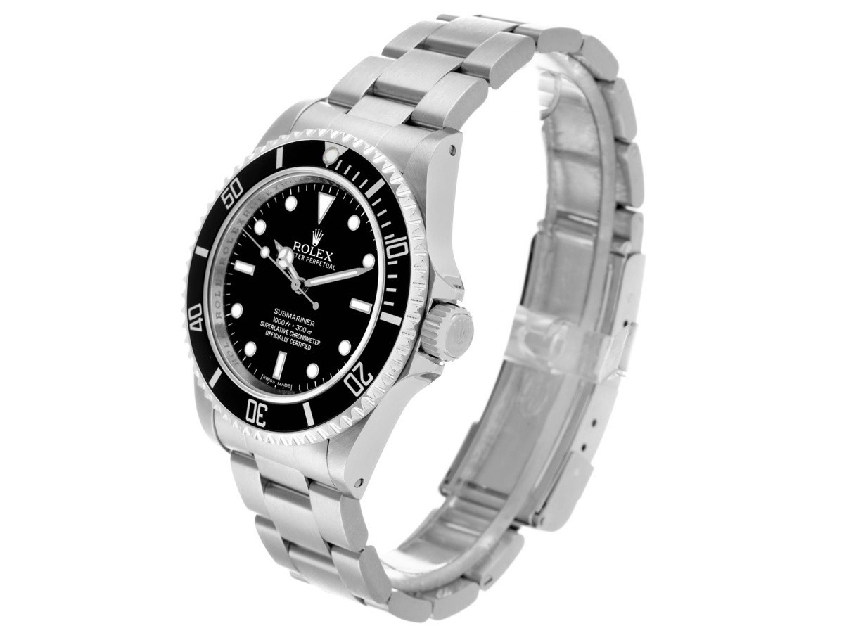 Rolex Submariner 14060M No-Date at an angle, whole watch with Oyster bracelet on white studio background