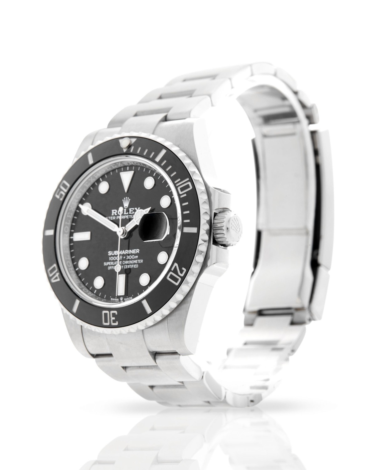 Rolex Submariner Date with black dial on Oyster bracelet, clean studio background