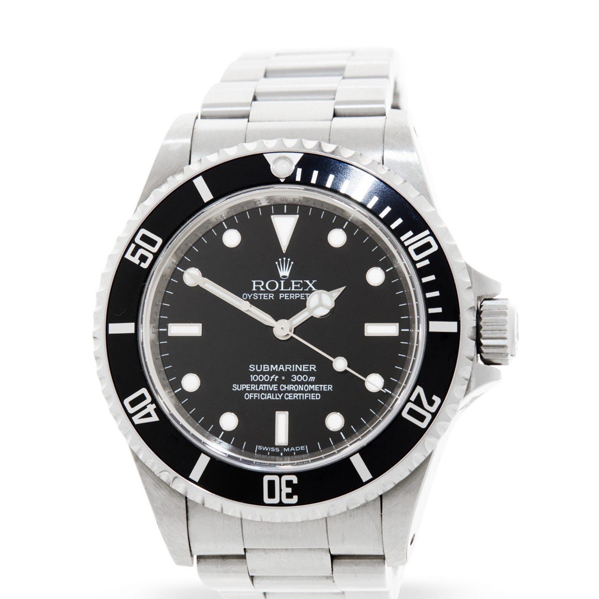 Rolex Submariner 14060M with black dial and aluminum bezel, full watch on white studio background